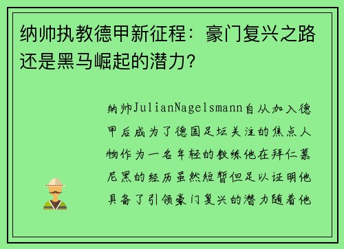 纳帅执教德甲新征程：豪门复兴之路还是黑马崛起的潜力？